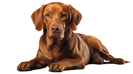 Hungarian Vizsla laying down and looking at the camera with soft studio lighting, showcasing its expressive eyes and sleek brown coat transparent.
