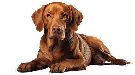 Hungarian Vizsla laying down and looking at the camera with soft studio lighting, showcasing its expressive eyes and sleek brown coat transparent.