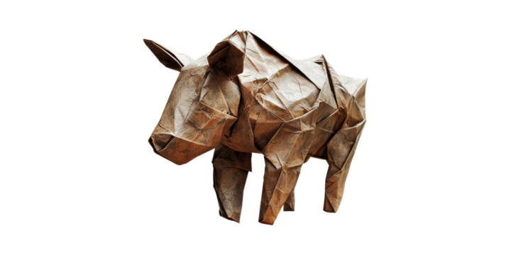 Origami Bull Sculpture. Artistic Paper Craft And Creativity Isolated On Transparent Background