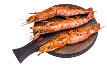 Skewers with  Grilled red Argentine shrimps, Prawns Langostino Austral isolated on white background. top view