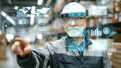 Smart warehouse worker with AR glasses navigating digital inventory interface, glowing UI projected in D space. - Powered by Adobe