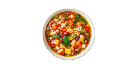 Hearty Vegetable Minestrone Soup In Bowl. Nutritious Comfort Food With Pasta And Beans Isolated On Transparent Background