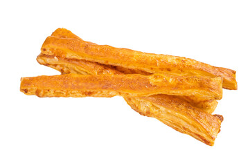 Homemade  pastry Cheese bread sticks, butter salted bread isolated on white background. top view