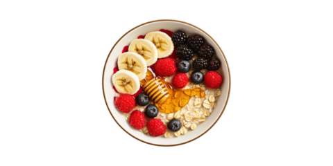 Bowl Of Oatmeal With Fresh Fruits And Honey. Healthy Breakfast For Nutrition And Energy Isolated On Transparent Background