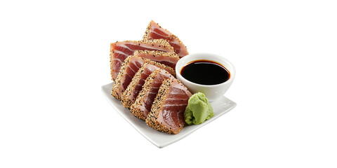Seared Tuna Slices With Sesame Seeds, Soy Sauce, And Wasabi Plate. Gourmet Japanese Cuisine Isolated On Transparent Background