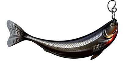 Metallic artificial fishing lure with a sharp hook against gradient gray, an effective tool for angler to catch fish transparent.