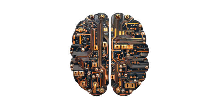Circuit Board Shaped As Human Brain. Symbolizing Artificial Intelligence And Technology Integration Isolated On Transparent Background
