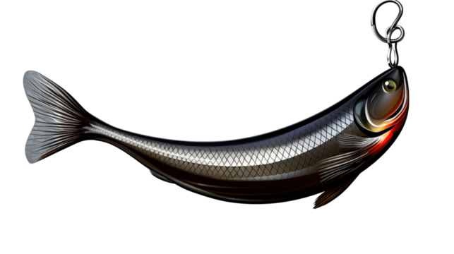 Metallic artificial fishing lure with a sharp hook against gradient gray, an effective tool for angler to catch fish transparent.