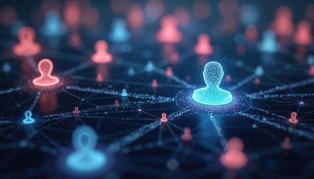 Illustration shows data tracking, privacy concept. User personal data shared across platforms shown with digital network, connection lines. Digital security encryption insight, awareness, cyberspace.