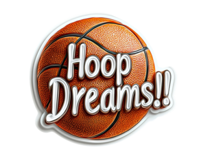 A vibrant and playful illustration of a basketball with the text 'Hoop Dreams!!', capturing the spirit of sportsmanship.