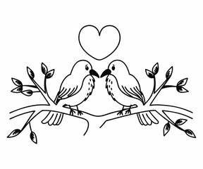 Love birds on branches with heart outline,  romantic minimalist illustration
