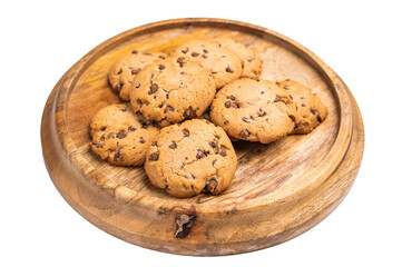 Chocolate chip cookies on wooden board isolated on white background. top view