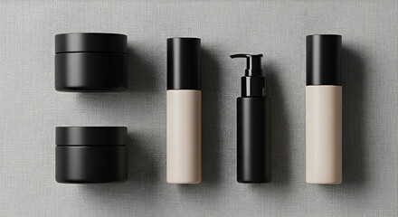 Obraz premium Minimalistic arrangement of black and beige cosmetic bottles and jars on a textured surface for skincare or beauty product promotion and branding visuals