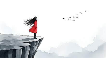 Woman in Red Coat Stands on Cliff with Long Hair Flowing in Wind Gazing at Flock of Birds in the Sky Representing Freedom and Adventure