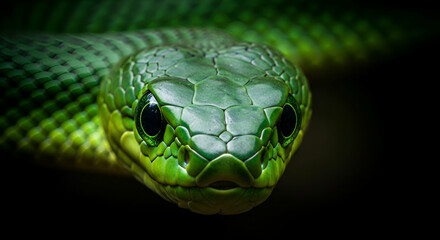Obraz premium Close-up of a vibrant green snake showcasing textured scales and intense eyes, capturing the essence of reptilian beauty in a dark setting