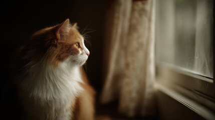serene cat gazing intently at open window soft gentle light illuminating its fur