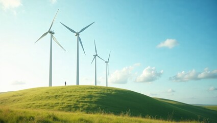 Wind turbines on green rolling hills under a clear blue sky representing renewable energy.