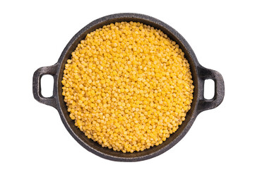 raw Dry Ptitim pasta, Israeli couscous isolated on white background. top view