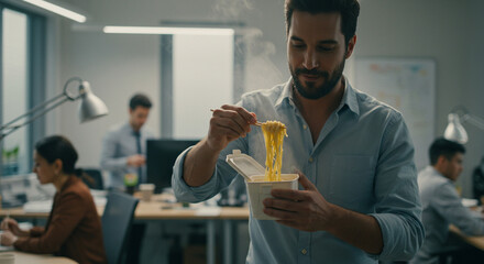 Man eating takeout noodles during a lunch break in office