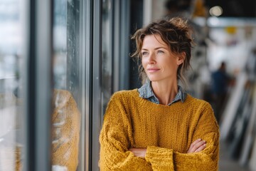 Confident latina woman in mustard sweater looking through glass window in industrial workspace