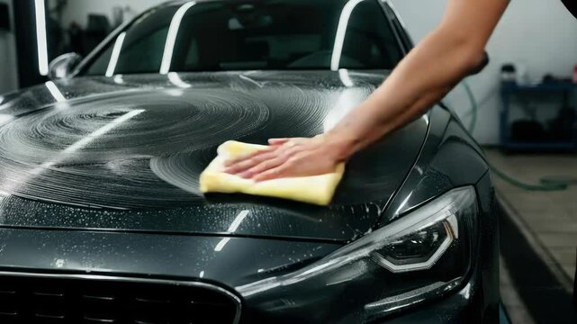 Hand cleaning car with yellow sponge, detailed wash