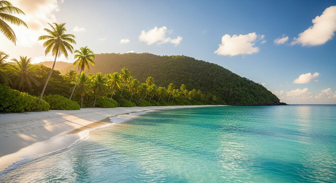 Aerial View of Tropical Beach – Serene Drone Shot with Palm Trees & Turquoise Ocean

