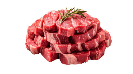 Fresh cut beef steak pieces stacked on a white surface with rosemary garnish, delicious meat for cooking and grilling transparent.