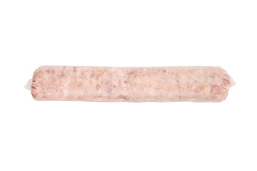 Homemade raw pork sausage, german bratwurst isolated on white background. top view