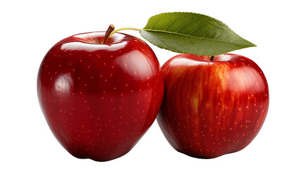 Two delicious red apples with a fresh green leaf against a soft gray background waiting to be eaten transparent.