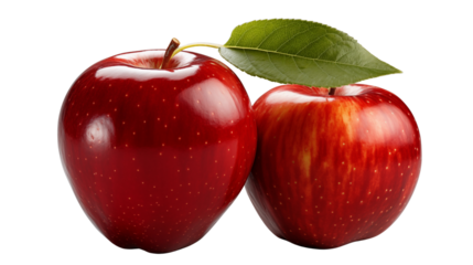 Two delicious red apples with a fresh green leaf against a soft gray background waiting to be eaten transparent.