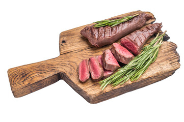 Grilled Lamb tenderloin steak, roast mutton fillet meat with herbs isolated on white background....