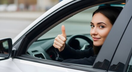 Happy Woman Driver Showing Thumbs Up Inside Car