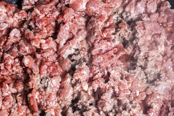 Background with the texture of raw minced meat. Ground beef in a pan.