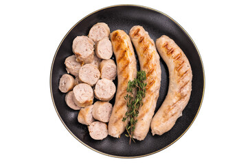 Grilled Sausages with forcemeat mincemeat and herbs in plate isolated on white background. top view