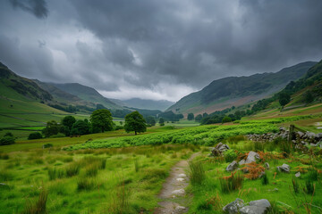 Obraz premium A tranquil valley unfolds beneath a moody sky, featuring a lush green landscape. A winding path guides the eye through nature's embrace, while hills in the distance add depth to the serene setting.