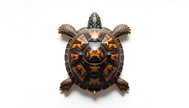 An overhead view showcases a charming box turtle with its patterned shell and scaly skin against a clean white backdrop.