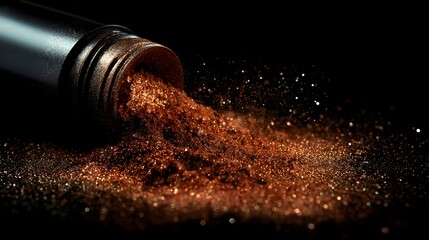 Macro photograph of bronze glitter cascading from its container against a stark black backdrop