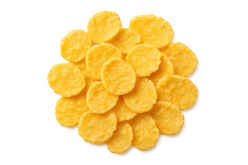 Circular corn flakes arranged symmetrically, showcasing crisp golden texture against transparent backdrop, representing nutritious breakfast ingredient