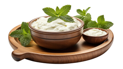 Creamy yogurt in a wooden bowl, garnished with fresh mint leaves on a serving tray presented against a white background transparent.