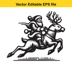 Obraz premium Vintage Santa Claus Riding Reindeer Through Forest Engraving Vector Illustration for Christmas Season Joy and Festive Celebration