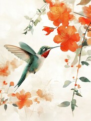 Illustration of a hummingbird in flight. the hummingbird is in mid-flight, with its wings spread wide and its beak open as if it is about to take flight.