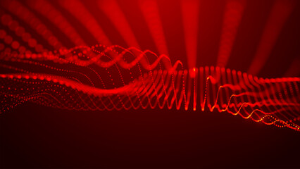 Dynamic and mesmerizing red wave patterns of light, energy and artistic expression, evoking a sense of energy and innovation. Wide format vector illustration.
