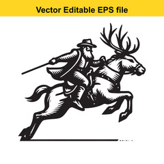 Fototapeta premium Vintage Santa Claus Riding Reindeer Through Forest Engraving Vector Illustration for Christmas Season Joy and Festive Celebration