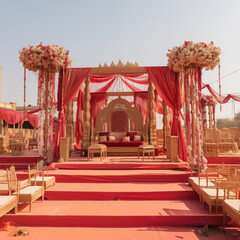 Traditional Indian wedding stage setup in an open plot at Valsad, Gujarat, India on 16th September 2020, showcasing cultural decor, vibrant colors, and ceremonial elegance under open skies

