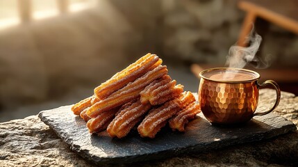 Churro platter featuring golden-fried Spanish pastries stacked in pyramid formation, dusted with cinnamon sugar, accompanied by copper cup of rich hot chocolate with rising steam