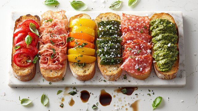 Bruschetta tray display of artisanal appetizers with salami, bell peppers, mozzarella, pesto and tomato toppings on crusty bread with fresh basil leaves on marble surface