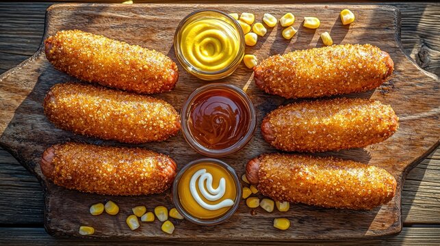 Corn dogs with golden cornmeal coating arranged in circular pattern on wooden board with mustard and ketchup dipping sauces, top view