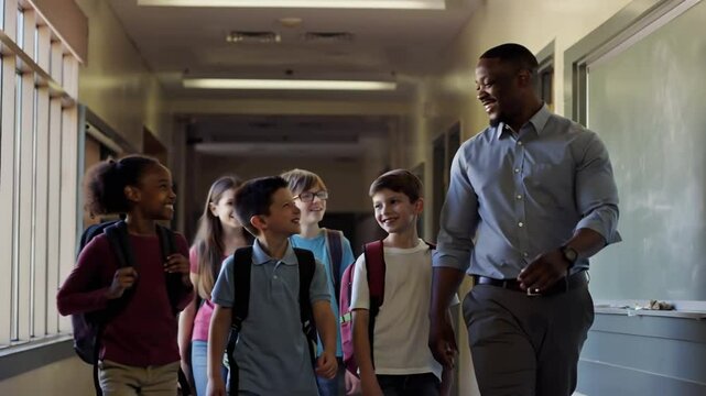 Positive school teacher man walking down the corridor talking to school children