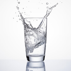 Water splashing in a clear glass against a white background, capturing motion, purity, and refreshment&mdash;ideal for health, hydration, clean design, product advertising, and minimalist visuals

