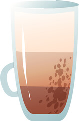Transparent glass cup with latte coffee showing layered milk and espresso with coffee